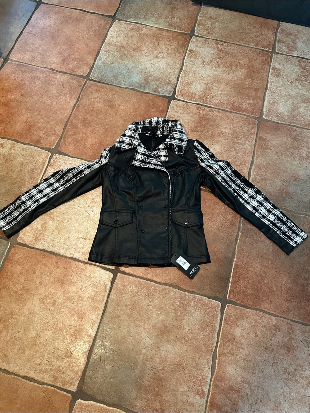 White House Black Market Black Faux Leather Jacket with Black & White Tweed Trim